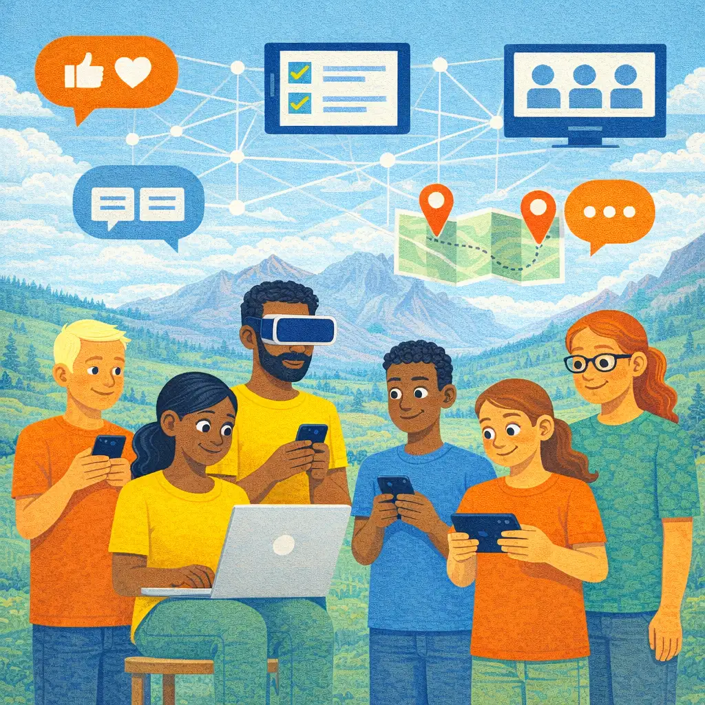 Eine Gruppe von Menschen nutzt unterschiedliche digitale Tools, um sich mit dem Thema touristische Infrastrukturentwicklung zu beschäftigen.
